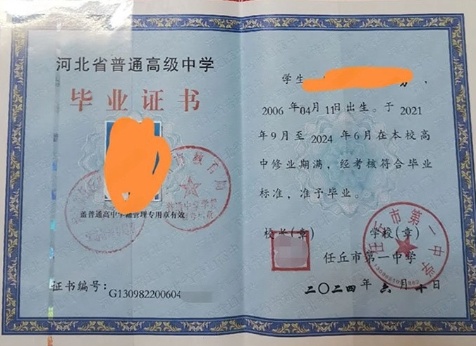 呈贡任丘市第一中学高中毕业证样本图片