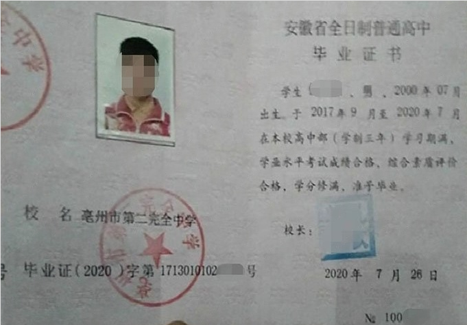 呈贡亳州市第二完全中学高中毕业证样本