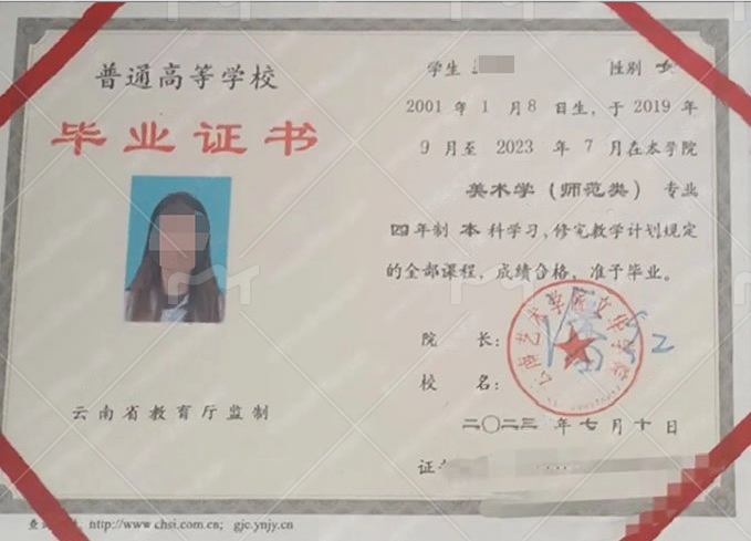 云南艺术学院文华学院2023年普通全日制本科毕业证书样本图片（美术学）